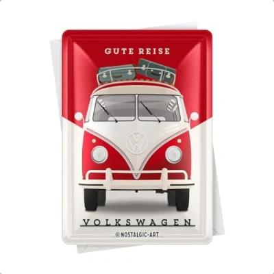 Obrázek Nostalgic Art Retro plechová pohlednice, 10 x 14 cm, VW dobrá cesta nápad na dárek Volkswagen, pohlednice z kovu, plechový miništítek jako přání