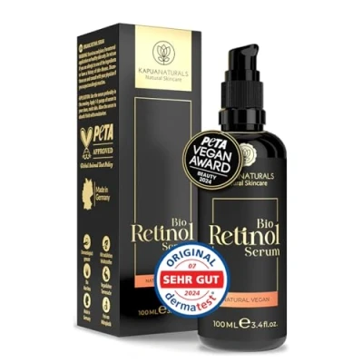 Obrázek Sérum bio retinolu s vysokou dávkou 100 ml retinol 5násobný komplex +hyaluron + vitamin C ✓ veganské a vysoce účinný zapouzdřený pro zářivou čistou pokožku bez pupínků proti