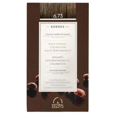 Obrázek KORRES Argan Oil Colorant barva na vlasy bez amoniaku Golden Cocoa 6. 73 100% zakrytí šedých vlasů a veganská pro dlouhotrvající barevný výsledek