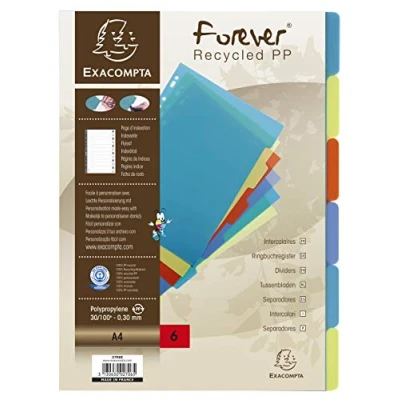 Obrázek Exacompta 2706E prémiový rejstřík Forever pro DIN A4 z recyklovaného plastu 6dílná plná výška 21 x 29,7 cm barva 6 barev s indexovou stranou vlastní tvorbu Modrý anděl Dělicí listy