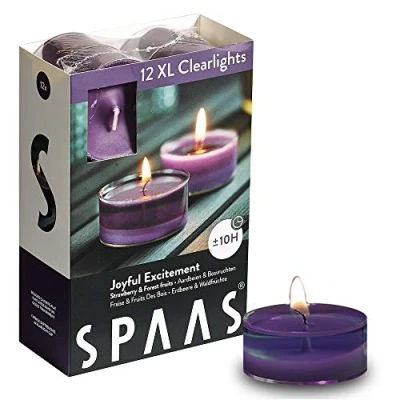 Obrázek Spaas Scented Tealights in Transparent Clear Cup, hours 12 Maxi Duftenden Clearlights, Teelichter mit durchsichtigem Halter, ± 10 Stunden Joyful Excitement, Paraffinwachs, Aubergine, D 57 mm x H 28