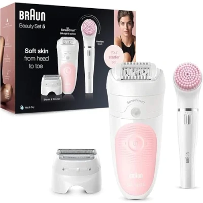 Obrázek Braun Kosmetická sada Silk épil 5, dámský epilátor / odstraňovač chloupků, nástavce pro holicí strojek, peeling, čištění obličeje a těla, taška, 5895, bílá/plameňák