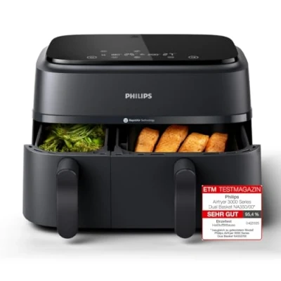 Obrázek Philips Dual Basket Airfryer 3000 Serie, 9L, 2 Schubladen, Synch Funktion, Rapid Air Technologie, Vielseitige Große Heißluftfriteuse, 90% Weniger Fett und Energiesparend, HomeID App (NA350/00)