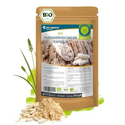 Obrázek FP24 Health Bio slupky psyllium kapsle 450 ks 3 660 mg na porci z biologického pěstování indická semena ve vysokých dávkách vyrobeno a testováno v DE vláknina