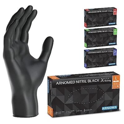 Obrázek ARNOMED jednorázové rukavice černé, extra silné, L, 50 % silnější nitrilové rukavice, 100 ks./krabice, bez pudru, gumové latexu, na jedno použití