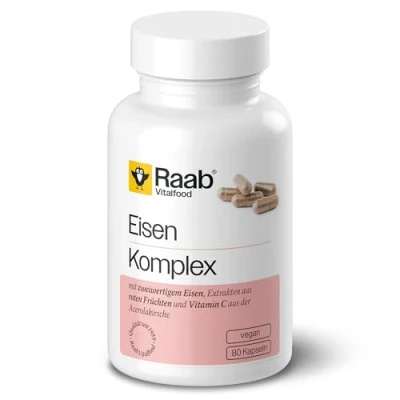Obrázek Raab Vitalfood Kapsle se železným komplexem, doplňky stravy železem a vitamínem C z třešně acerola, s dvojhodnotným železem, 80 kapslí, 4060