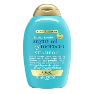 Obrázek OGX Hydrate &amp; Revive Argan Oil of Morocco Shampoo (385 ml), hydratační šampon pro péči o vlasy s marockým arganovým olejem, regenerační repair bez tenzidů obsahujících sírany