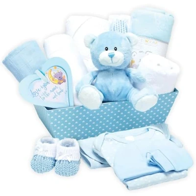 Obrázek Baby Box Shop Babyparty Geschenk Junge 12 Geschenkset, Präsentkorb Geschenke für Neugeborene Jungs, Neugeborenen Junge, Boy Geschenk, Korb Blau