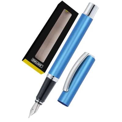 Obrázek ONLINE plnicí pero Vision Blue I elegantní s iridiovým perem M pro standardní inkoustové bombičky a konvertor matný kartáčovaný hliníkový povrch modré v dárkovém balení