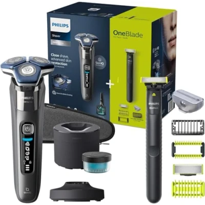 Obrázek Philips Shaver S7000 elektrický holicí strojek na mokré a suché holení s technologií SkinIQ v Dark Chrome, vyklápěcí zastřihovač, čisticí stanice, kazeta OneBlade (modely S7887/78)