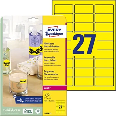 Obrázek AVERY Zweckform L6004 25 svítící neonově žluté etikety (63,5 x 29,6 mm na DIN A4, odstranitelné, samolepicí, potištěné, barevné lepicí pro nápadné označení) 675 nálepek listů