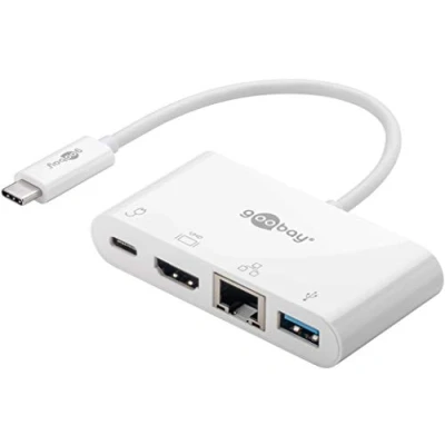 Obrázek Goobay 62105 USB C Hub Multiport rozdělovač 60W PD / 4 porty USBC na 1x HDMI A 3. 0 RJ45 Ethernet zdířka typ adaptér MacBook iPhone bílá