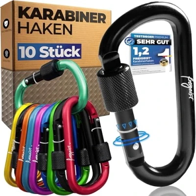 Obrázek Karabinka malá 10 kusů, karabina přívěsek na klíče, Carabiner se šroubovacím uzávěrem + zarážkou, pestré karabinky 7,5 cm karabinový hák velký pro práci, kempování, cestování...