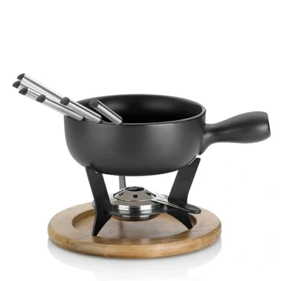 Obrázek kela 10dílná sada na sýrové fondue, keramické fondue pro 6 osob, sýr fonduesová s držákem hořlavou pastu, vidličky, držák vidliček, černá, 10dílná, 11