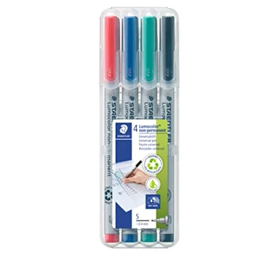 Obrázek STAEDTLER Univerzální tužka Lumocolor non permanentní, omyvatelná vlhkým hadříkem, pro téměř všechny povrchy, šířka řádků cca 0,4 mm, 4 fóliové tužky v různých barvách, 311 WP4