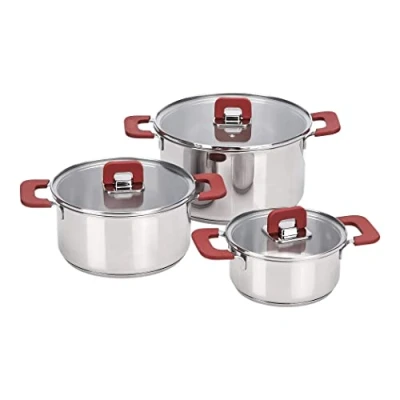 Obrázek Amazon Basics Sada 3 ks hrnců na vaření ušlechtilá ocel, nepřilnavá, vhodná pro indukci, s víkem 16/20/24 cm