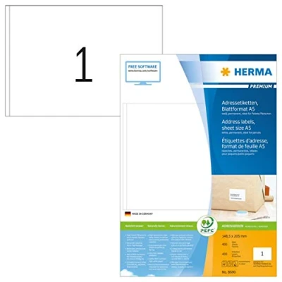 Obrázek HERMA 8690 univerzální etikety, 400 listů, 148,5 x 205 mm, 1 na arch A5, kusů, samolepicí, potisknutelné, matné, prázdné papírové lepicí etikety samolepky, bílé