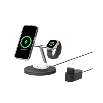 Obrázek Belkin Bezdrátová nabíječka BoostCharge 3 v 1 Qi2, kompatibilní s MagSafe, indukční nabíjecí stanice Qi2 pro iPhone 16, 15, 14, Apple Watch, AirPods, protiskluzová patice, vč. síťového zdroje