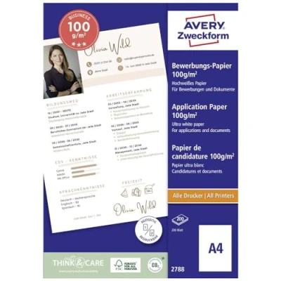 Obrázek AVERY Zweckform 2788 Inkjet aplikační papír (200 listů, 100 g/m², DIN A4, oboustranně povrstvený, satinovaný, pro aplikace, prezentace a prodejní dokumenty, inkoustové tiskárny)