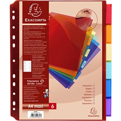 Obrázek Exacompta 4834E prémiový rejstřík s kapsou na DIN A4 MAXI z trvanlivého plastu 6dílný plná výška 25 x 30 cm plnobarevný 6 barev archem etiketu k popisování dělicích listů
