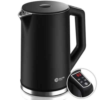 Obrázek BALTER Rychlovarná konvice z ušlechtilé oceli s nastavením teploty, 40 C 100 C, dvojitá stěna, bez BPA, tichý &amp; bezdrátový, Kettle, vařič na čaj volbou 1,5 l, 2200 W, černá