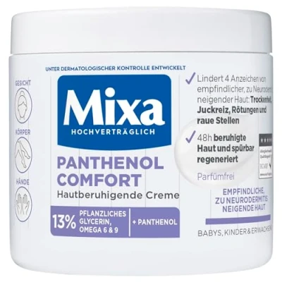 Obrázek Mixa Panthenol zklidňující pleť, s panthenolem, pečující krém pro suchou, citlivou pokožku náchylnou k neurodermatitidě, proti zarudnutí a svědění, Comfort, 400 ml