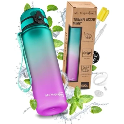 Obrázek My Vesperbox Minny dětská láhev na pití zabezpečená proti vytečení 350 ml, 500 750 ml s brčkem nebo sítkem lehká vodu Tritan bez BPA do školky, školy (fialová zelená