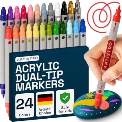 Obrázek Artistro 24 Acrylstifte, Acrylmarker mit Doppelspitze (Pinsel + fein 1 mm), Zeichenset, für Stoff, Leinwand, Stein, Glas, Holz, Papier, Farbmarker Kinder und Erwachsene