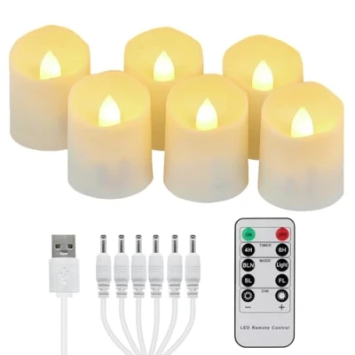 Obrázek FREEPOWER 6 ks nabíjecích LED čajových svíček s časovačem, dálkové ovládání, plápolání, teplá bílá, stmívatelné, elektrické dobíjecí svíčky USB kabelem, Vánoce, Halloween, party, rodinná dekorace, Ø