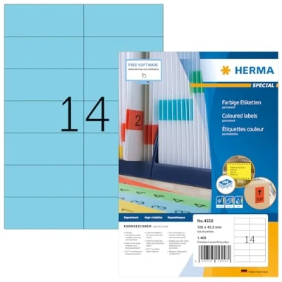 Obrázek HERMA 4558 barevné etikety modré, 100 listů, 105 x 42,3 mm, 14 na arch A4, 1400 kusů, samolepicí, potisknutelné, matné, prázdné papírové nálepky