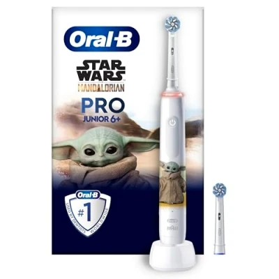 Obrázek Oral B Pro Junior Star Wars Elektrische Zahnbürste/Electric Toothbrush für Kinder ab 6 Jahren, 2 Aufsteckbürsten, 360 Andruckkontrolle, Putzmodi inkl. Sensitiv Zahnpflege, weiche Borsten, weiß