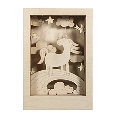Obrázek Rayher Hobby 62851505 dřevěná stavebnice 3D rám s motivem jednorožec, certifikováno FSC, přírodní, 20 x 30 cm, hloubka 6,5 11dílná, k tvoření a malování