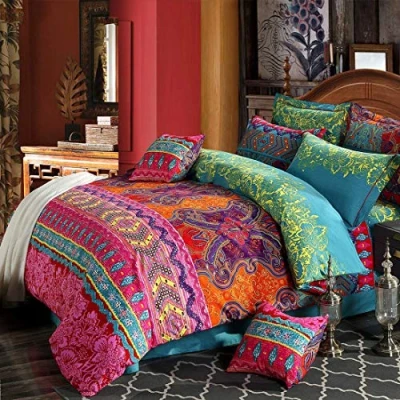 Obrázek Omela Ložní prádlo Boho 135 x 200 4dílné exotický indický design bohémský povlak na peřiny se zipem, vysoká kvalita povlečení z mikrovlákna a polštář 80 cm