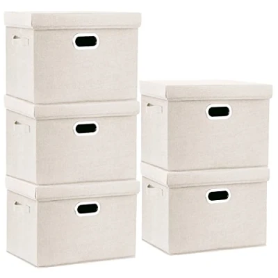 Obrázek TYEERS Úložný box s víkem velký, látka, skládací, pratelné, bedny víkem, 44 x 30 29 cm, 5 kusů, béžový