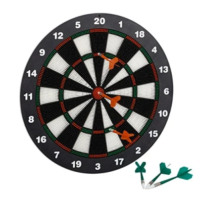 Obrázek Relaxdays Terč na šipky 42 cm, Softdart Safety Darts, 6 šípů, vhodný pro děti, stojan bezpečnostní terč, černo bílý