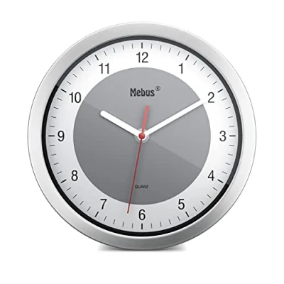 Obrázek Mebus Nástěnné hodiny Quartz / malé pro prostory/stříbrný rám/bílý ciferník/šedý akcent kruh průměr 20 cm kulatý model: 16210 barva: stříbrná, bílá, šedá