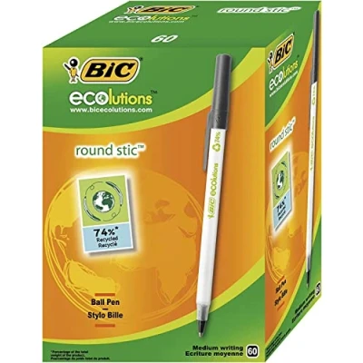 Obrázek BIC 8932392 Kuličkové pero ECOlutions Round Stic, v černé barvě, tloušťka linky 0,4 mm, balení 60 ks, ideální do kanceláře, domácí kanceláře nebo školy