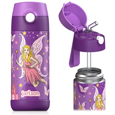 Obrázek Jarlson® Dětská láhev z ušlechtilé oceli CHARLI s brčkem termoláhev 350 ml testováno TÜV bez BPA zabezpečená proti vytečení na vodu do školy, školky (víla 2)