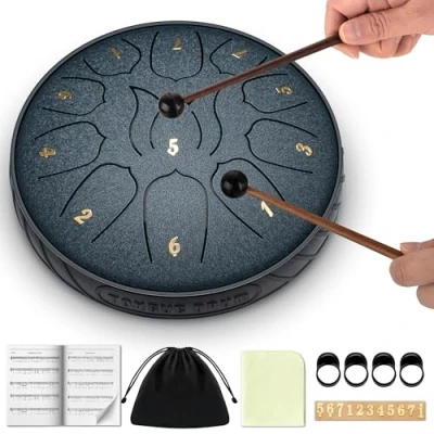 Obrázek CAHAYA Steel Tongue Drum 6 palců 11 tónů: Jazykový Buben Bicí nástroj pro začátečníky, Handpan s knihou not, paličky na buben, Pan Tóny meditaci jóga, tmavě modrá