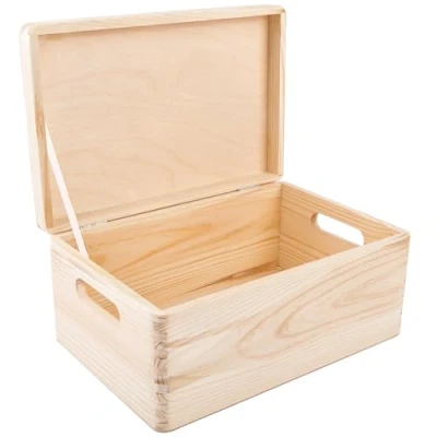 Obrázek Creative Deco Dřevěná bedna s víkem 30 x 20 14 cm (+/ 1 cm) upomínkový box Baby velký dřevěný nelakované krabice úchyty pro dokumenty, hračky, nářadí surové &amp; nebroušené
