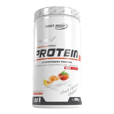 Obrázek Best Body Nutrition Gourmet Premium Pro Protein, Peach Apricot Yoghurt dóza, 4komponentní proteinový koktejl: Caseinat, Whey koncentrát, Isolat, Eiprotein, 500 g dóza