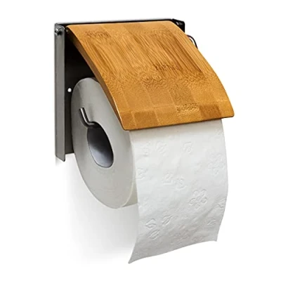 Obrázek Relaxdays držák toaletního papíru 10019179 V x Š H: 13,5 14,5 cm pro 1 roli montáž na stěnu z bambusu a nerezové oceli jako nástěnný rolí