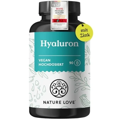 Obrázek NATURE LOVE® Kapsle s kyselinou hyaluronovou se zinkem vysoké dávky 500 mg hyaluronu veganské 90 kusů (3 měsíce) 500700 kDa laboratorně testováno, bez nežádoucích přísad a vyrobeno v