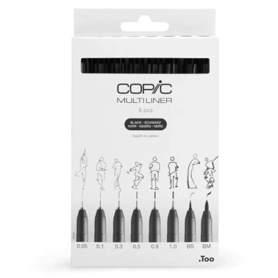 Obrázek COPIC Multiliner Set, Black, 8 mikrofix v různých tloušťkách tahů, zvýrazňovací tužky s jemnou špičkou a voděodolným pigmentovým inkoustem