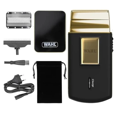 Obrázek Wahl Travel Shaver Gold Edition bezdrátový a dobíjecí elektrický holicí strojek pro muže, ideální na cestování, stříhání vlasů vousů, kompaktní přenosný