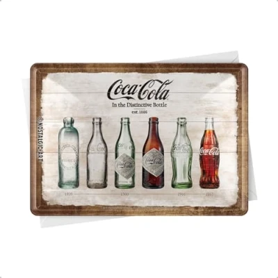 Obrázek Nostalgic Art Retro plechová pohlednice, 10 x 14 cm, Coca Cola Bottle Timeline nápad na dárek pro fanoušky koke, pohlednice z kovu, mini plechový štítek jako přání