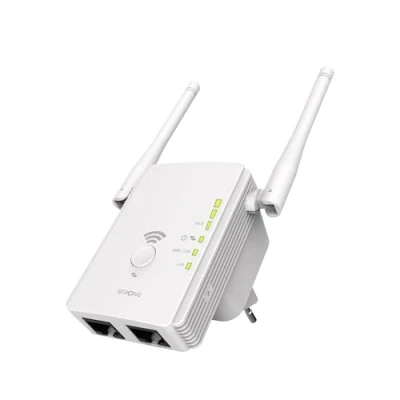 Obrázek STRONG WLAN opakovač 300 V2, provozní režimy: univerzální opakovač/přístupový bod/router, Mbit/s při 2,4 GHz, 2 LAN porty, zesilovač bílý, REPEATER300V2