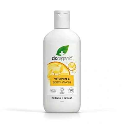 Obrázek Dr Organic Vitamín E, tělové prádlo, sprchový gel, všechny typy pleti, přírodní, veganské, netestované na zvířatech, bez parabenů a SLS, recyklovatelné z plastu vázaného v moři, certifikováno Bio,