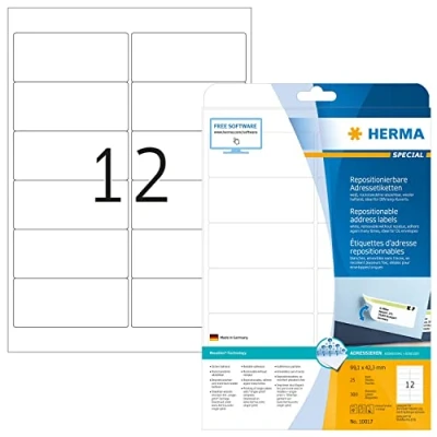 Obrázek HERMA 10017 nálepka na adresu DIN A4 odstranitelná (99,1 x 42,3 mm, 25 listů, papír, matná) samolepicí, potisknutelné, snímatelné a znovu přilnavé adresní štítky, 300 lepicích etiket, bílá