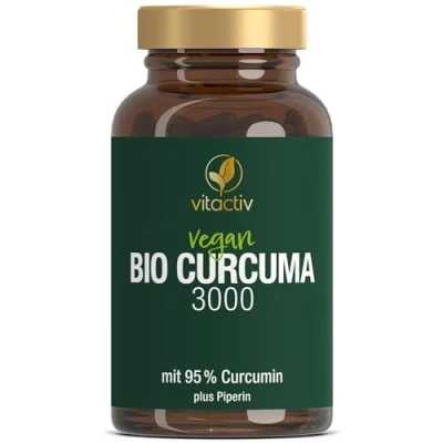 Obrázek Vitactiv Natural Nutrition Bio Curcuma 3000 kurkuma ve vysokých dávkách extrakt z kurkumy s 95% kurkuminem piperin pro vysokou biologickou dostupnost bez stearátu hořečnatého, vegan 60
